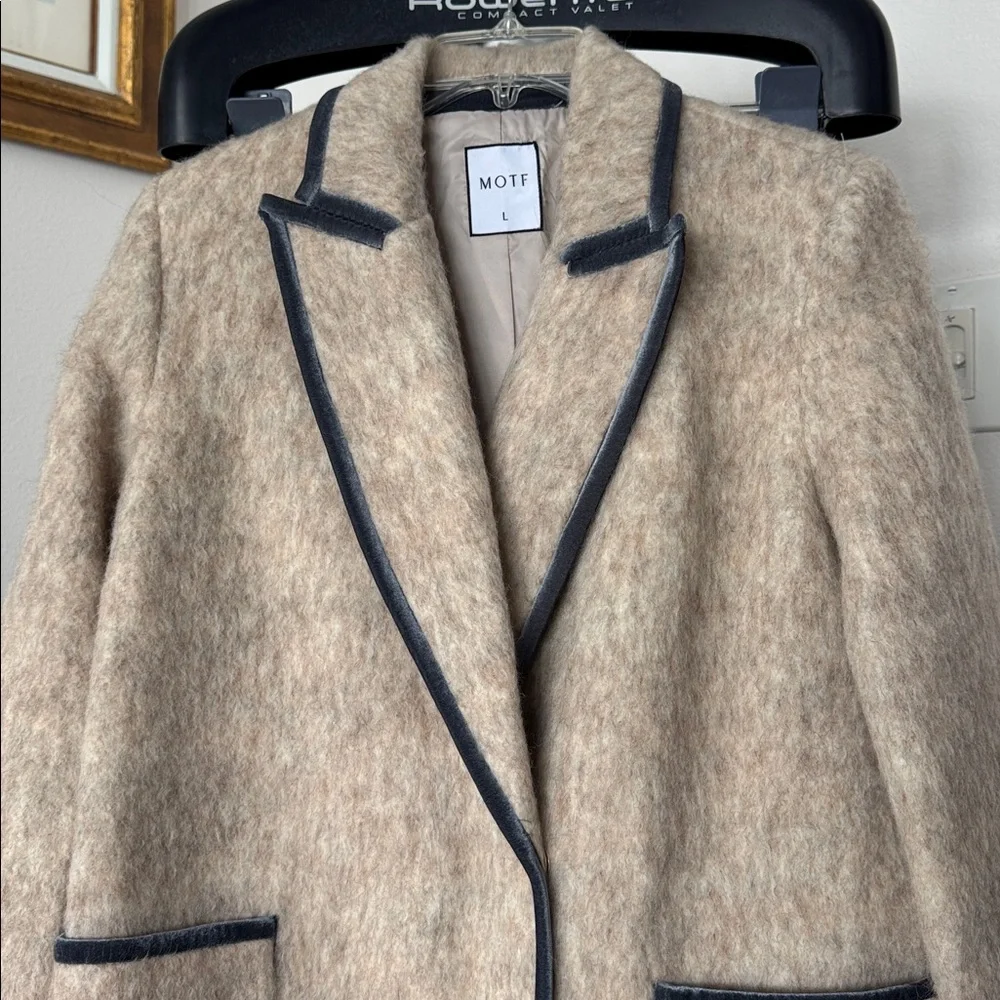 Motf Wool Blend Beige Ivory Long Duster Coat/Jacket Sz L Blue Velvet Trim - Picture 3 of 14